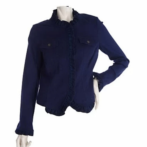 M by Marc Bouwer Navy Ruffle Trim Twill Jacket with Pockets S - Picture 1 of 8